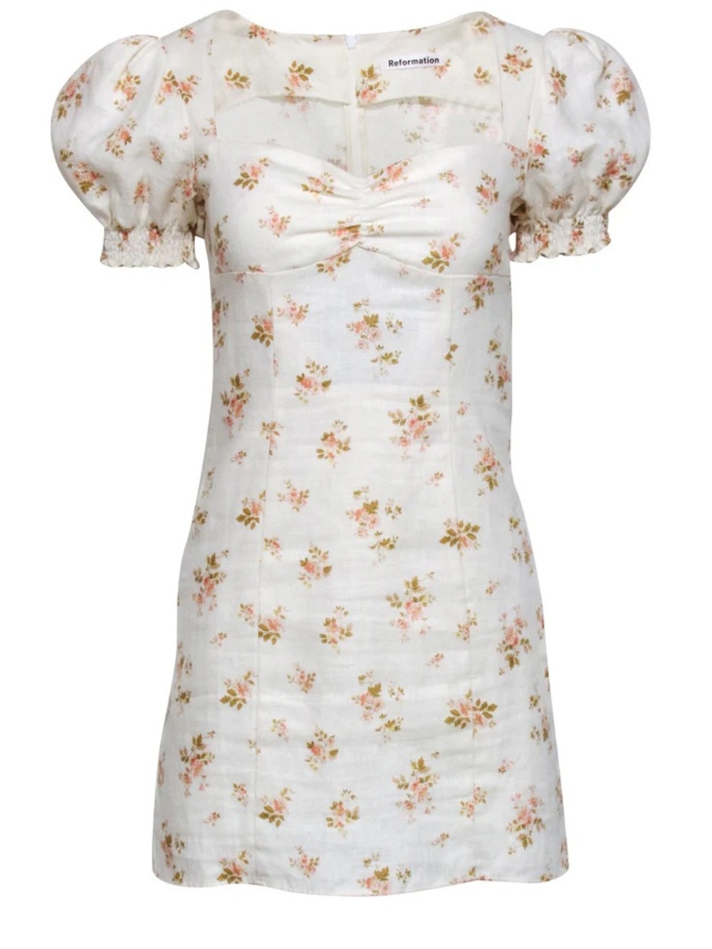 Reformation Gina Cream Floral Square-Neck Puff Sleeve Linen Mini Dress BWT - Picture 10 of 16